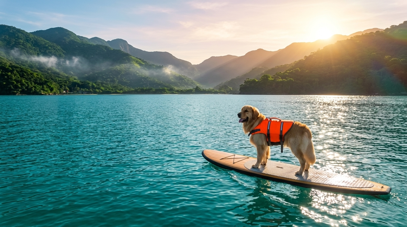 Zeus de boia em SUP no lago turquesa adventure