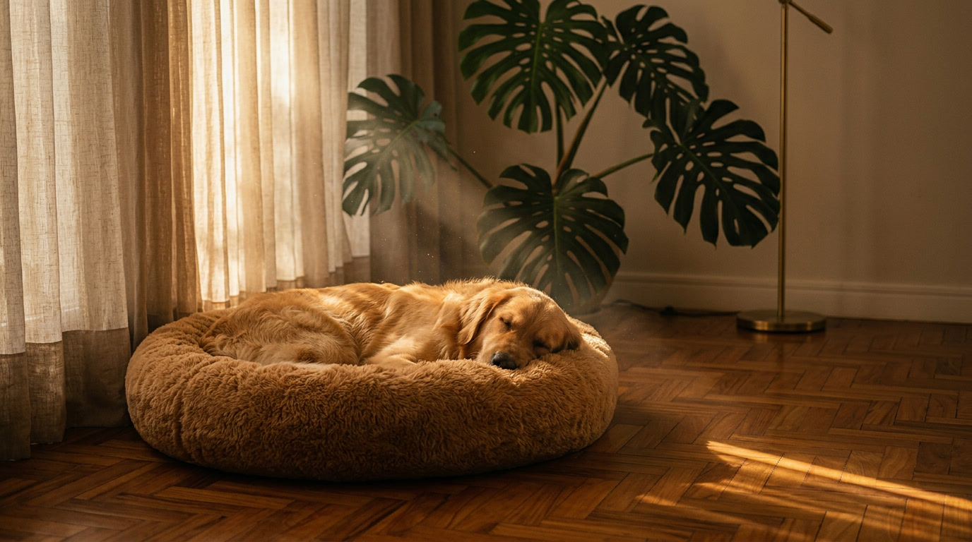 Zeus dormindo na cama em ambiente cozy editorial
