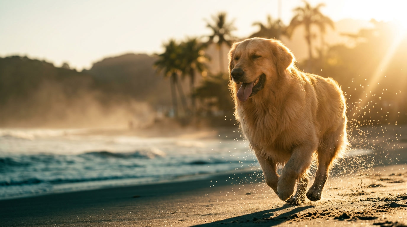 Zeus correndo na praia ao golden hour - banner cinematográfico hero