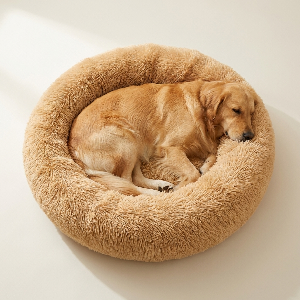 Zeus deitado na Cama Calming Nuvem do Zeus - golden retriever em cama donut faux fur caramelo