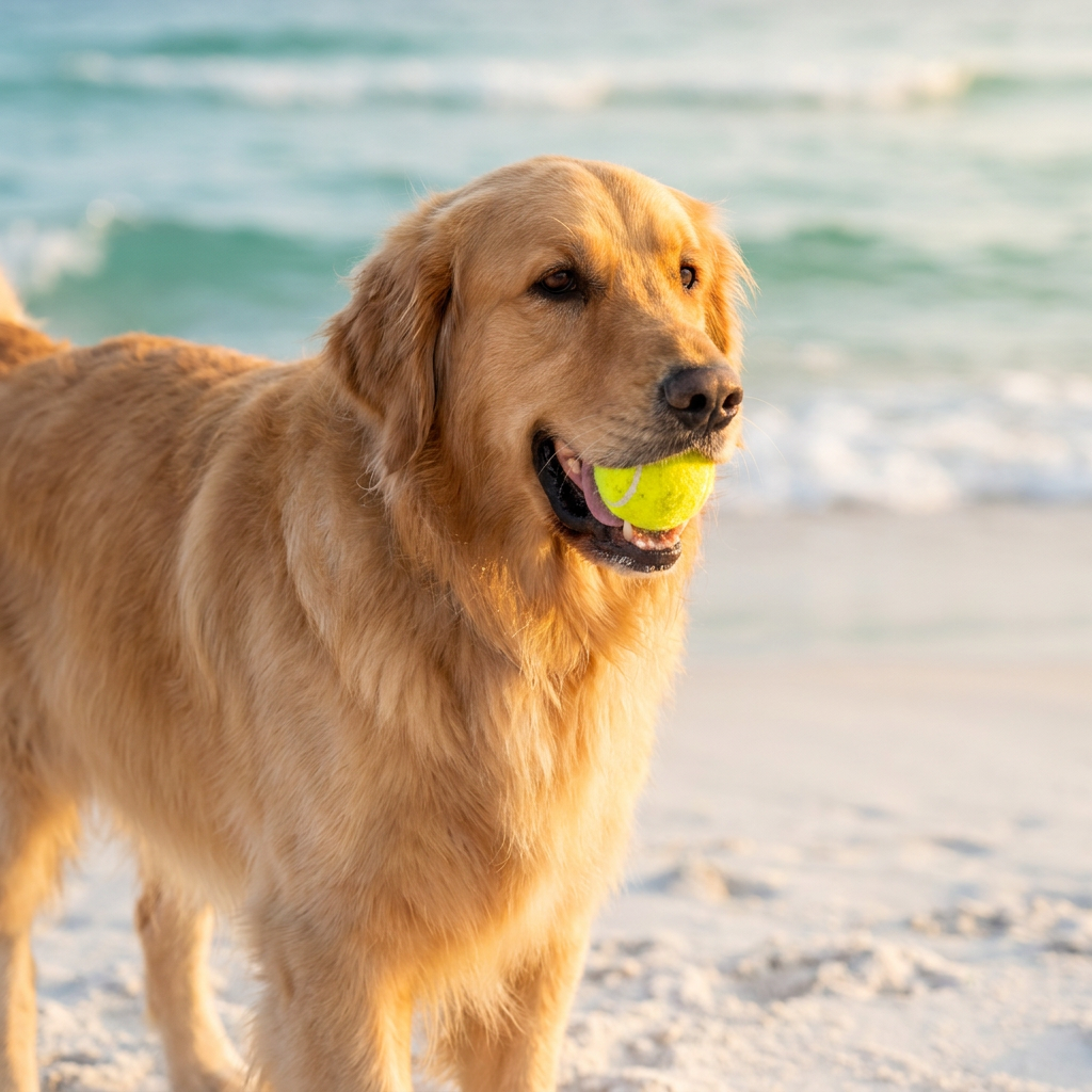 Zeus segurando a Bola do Zeus na praia ao golden hour