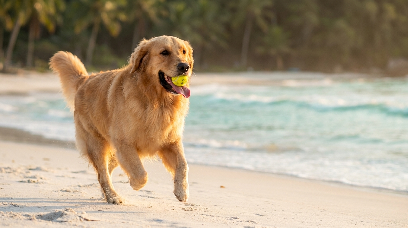 Zeus correndo na praia com bolinha amarela ao pôr do sol
